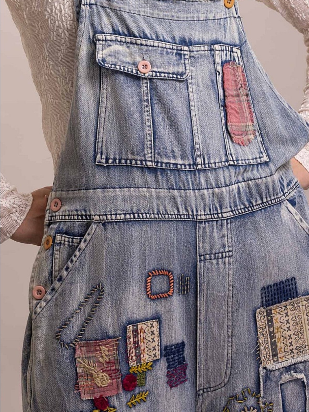 Wash Denim Patchwork Women's Wide-Leg Jeans Overalls - Picture 12 of 13